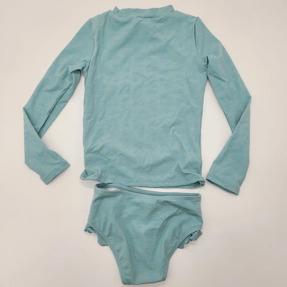Gottex Kids Swim Set Long Sleeve Rashgaurd Teal Blue Palm Print Size 5 NEW